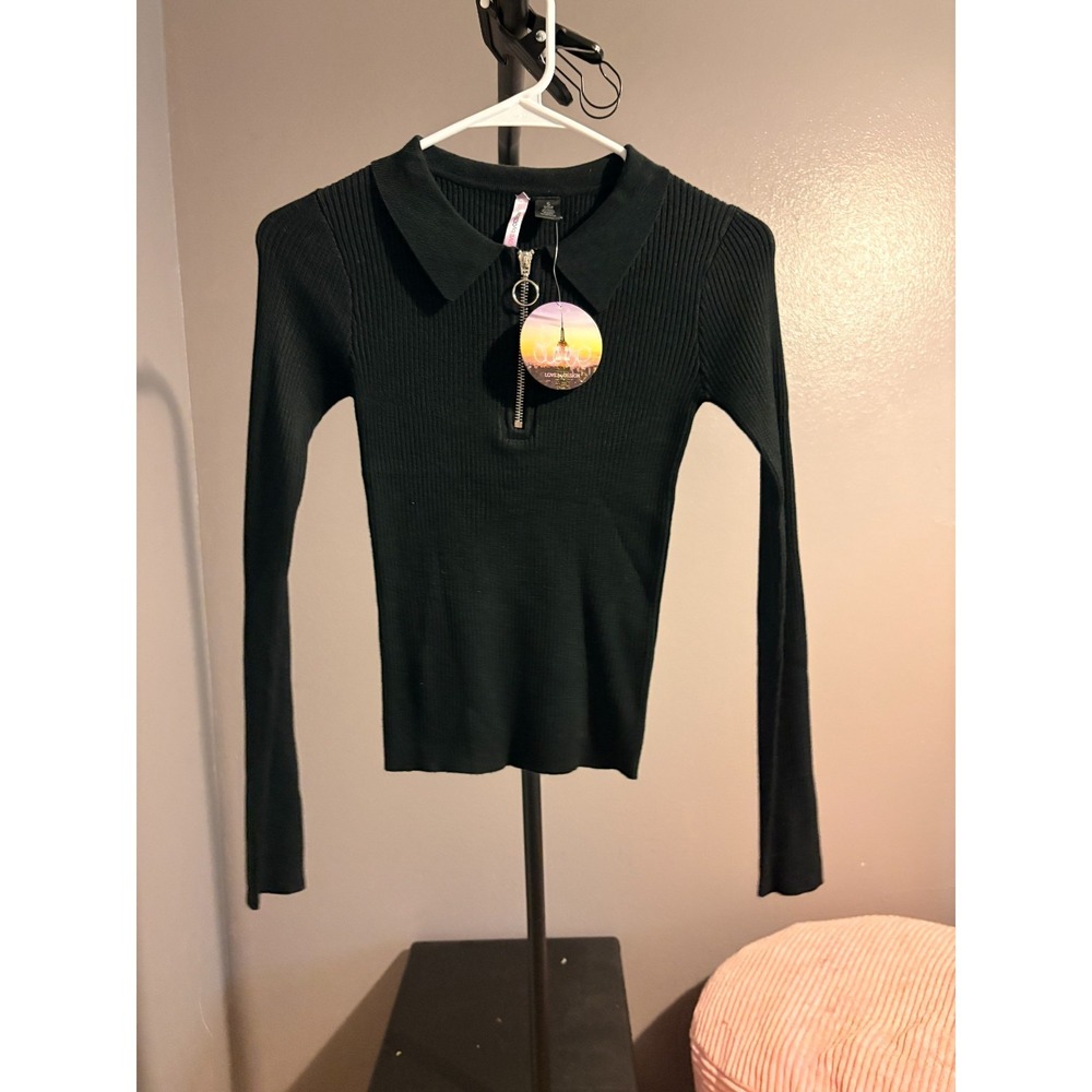 Love by‎ Design Black Ribbed Knit Sweater with Zipper Sz S